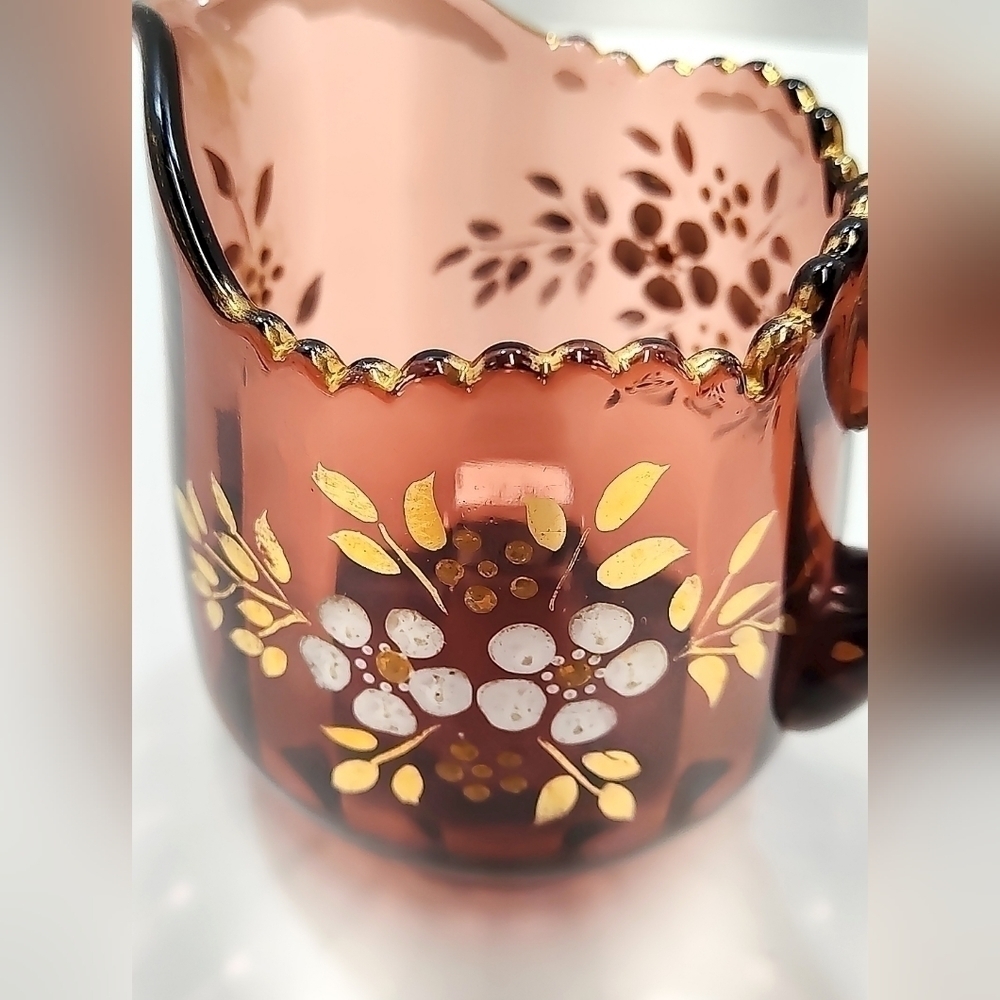 Vintage Amber Glass Serving Set – Hand-Painted Floral Butter Dish, Creamer & Cup - Picture 9 of 15